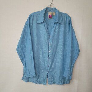 Anthony Original‎ Shirt Womens L Turqouise Blue Metallic Stripe Button Up